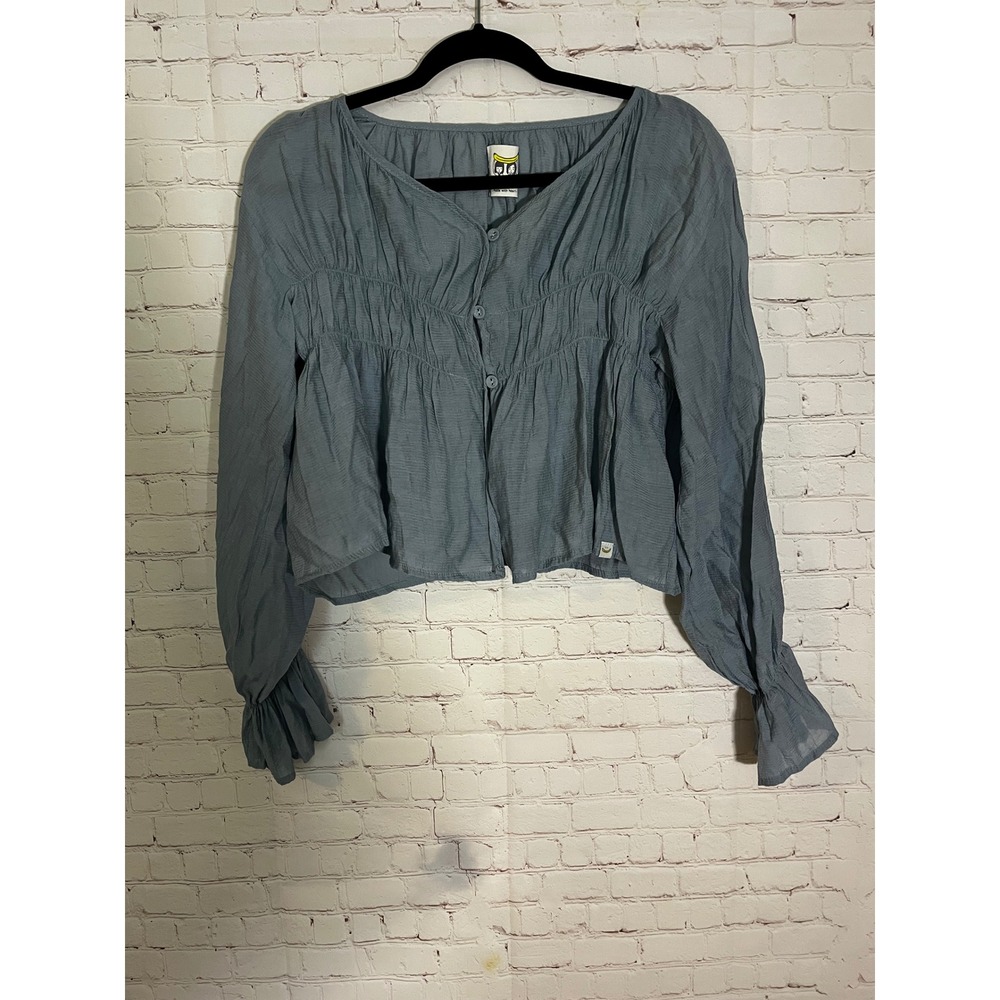 BANANANAXX Dusty Blue Crinkle Bell Sleeve Button Boho Peplum Blouse Top Size M
